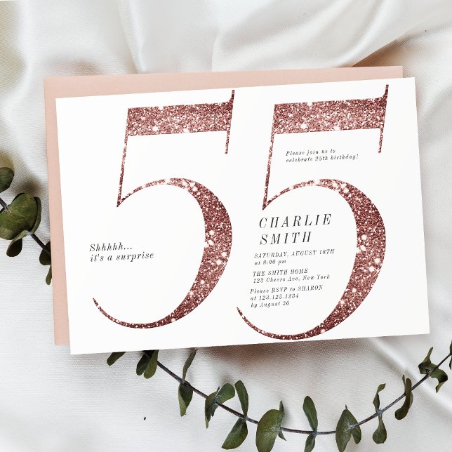 Modern minimalist rose gold glitter 55th birthday invitation (Modern minimalist rose gold glitter 55th birthday invitation)