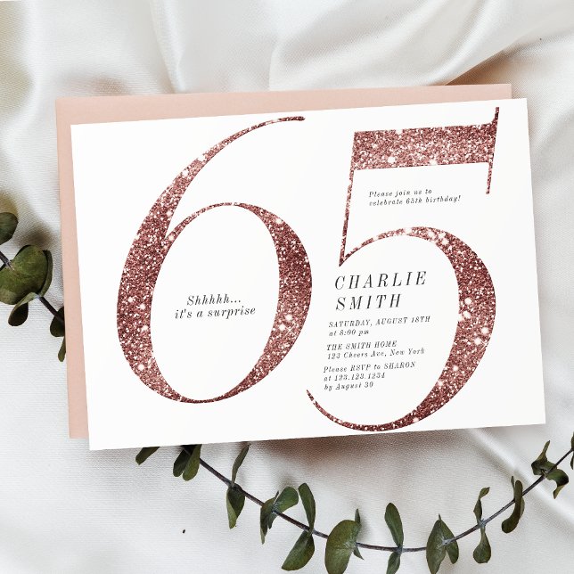 Modern minimalist rose gold glitter 65th birthday invitation (Modern minimalist rose gold glitter 65th birthday invitation)