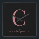 Modern Minimalist Rose Gold Monogram Script Name Square Wall Clock<br><div class="desc">Chic Elegant Pink Rose Gold Monogram Script on a chic Black Wall Clock. Easy to customise with your own name and details. Perfect for your luxury lifestyle! Please contact us at cedarandstring@gmail.com if you need assistance with the design or matching products.</div>