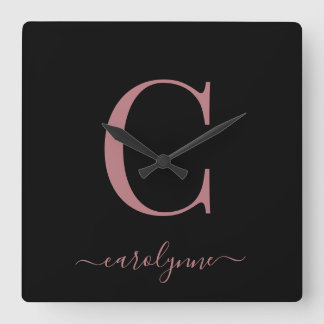 Modern Minimalist Rose Gold Monogram Script Name Square Wall Clock