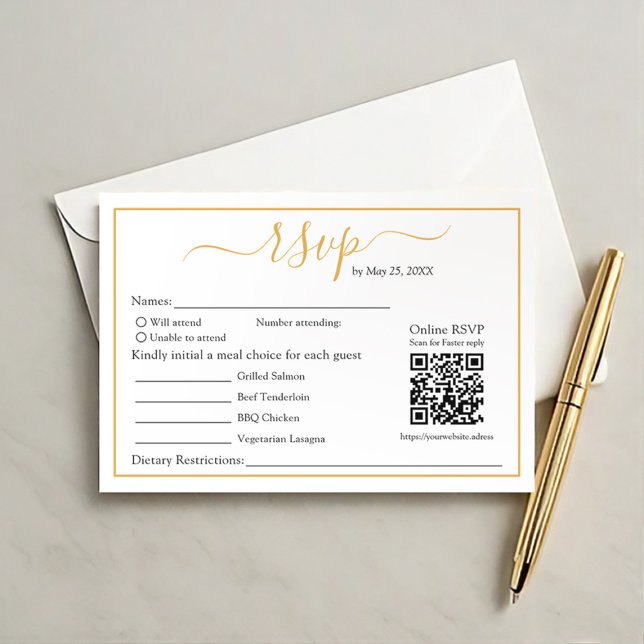 Modern Minimalist RSVP Gold Border and QR Code (Creator Uploaded)