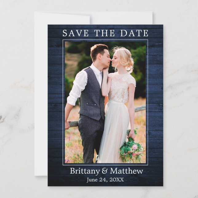 Modern Minimalist Rustic Blue Wood Save The Date (Front)