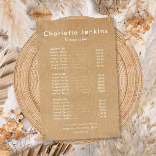 Modern Minimalist Rustic Kraft Salon Service Menu