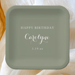 Modern Minimalist Sage Green Birthday  Paper Plate