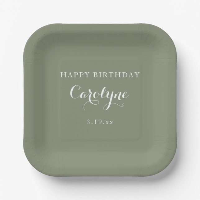 Modern Minimalist Sage Green Birthday  Paper Plate (Front)