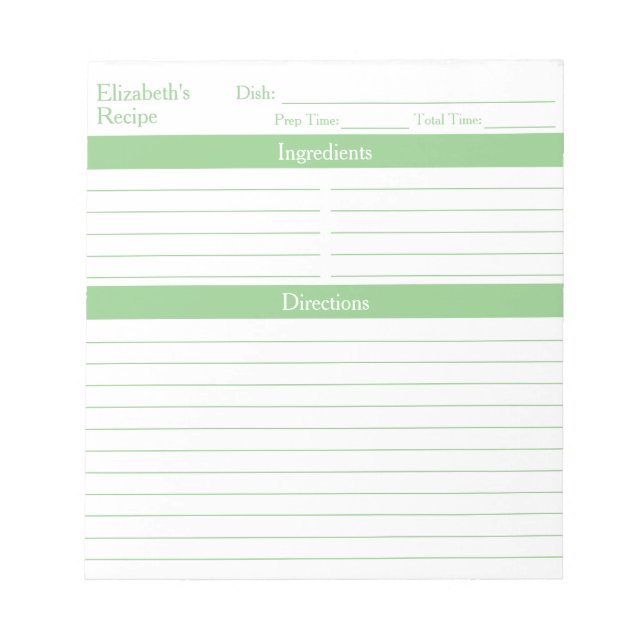 Modern Minimalist Sage Green Personalised Recipes Notepad (Front)