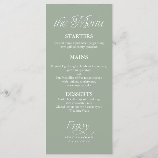 Modern Minimalist Sage Green Wedding Menu (Front)