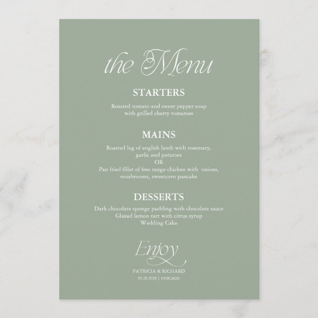 Modern Minimalist Sage Green Wedding Menu (Front)