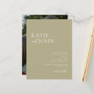 Modern Minimalist Sage Green Wedding Photo Announcement Postcard