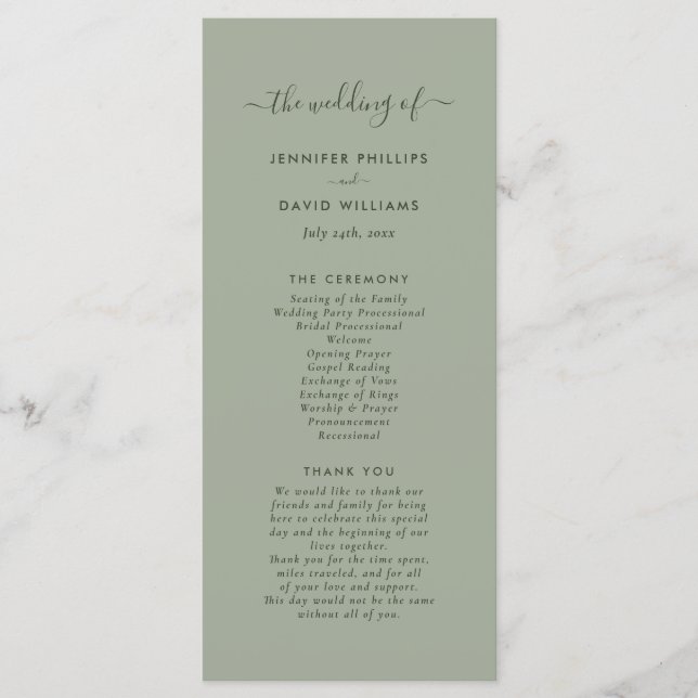 Modern Minimalist Sage Green Wedding Program Programme (Front)