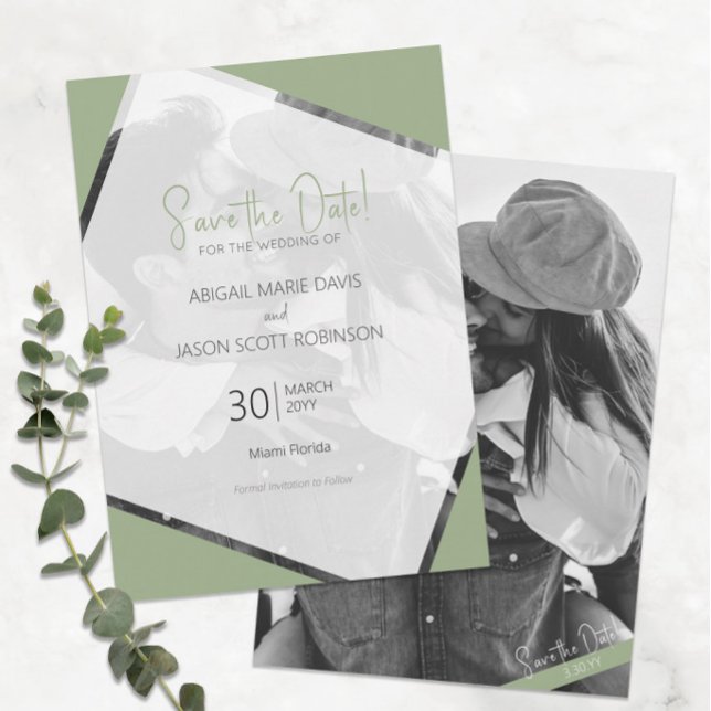 Modern Minimalist Sage Green Wedding Save the Date Invitation (Modern Minimalist Sage Green Wedding Save the Date with Black and White Engagement Photo)
