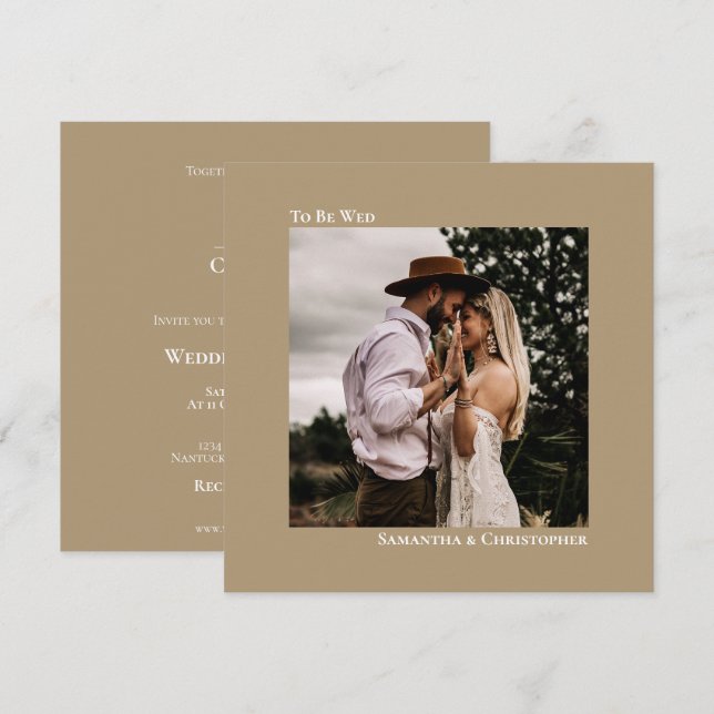 Modern Minimalist Sandy Tan Square Photo Wedding Invitation (Front/Back)
