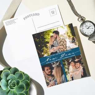Modern Minimalist Script 3 Photo Collage New Year Holiday Postcard