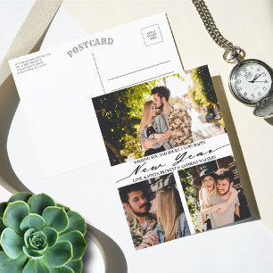 Modern Minimalist Script 3 Photo Collage New Year Holiday Postcard