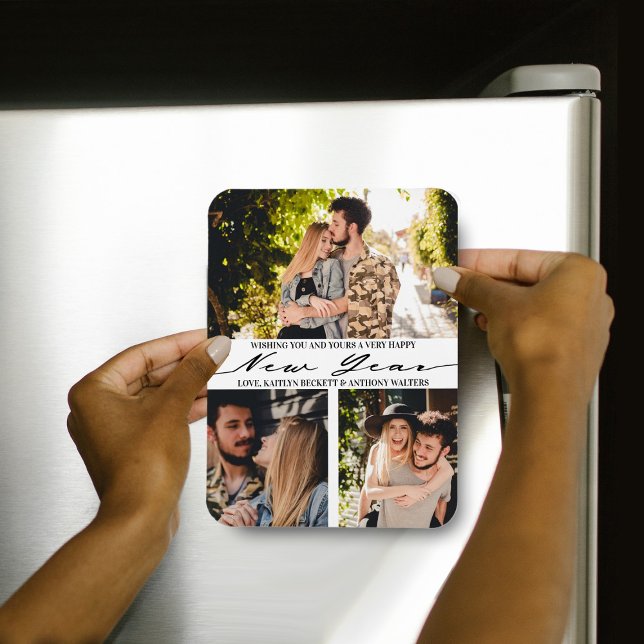 Modern Minimalist Script 3 Photo Collage New Year Magnet (Creator Uploaded)