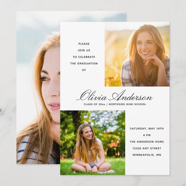 Modern Minimalist Script 3 Photo Graduation Party (Front/Back)