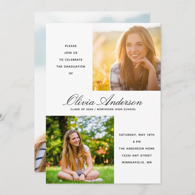 Modern Minimalist Script 3 Photo Graduation Party (Front/Back)
