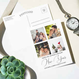 Modern Minimalist Script 4 Photo Collage New Year Holiday Postcard