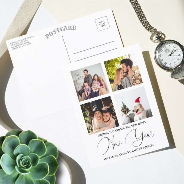 Modern Minimalist Script 4 Photo Collage New Year Holiday Postcard (Creator Uploaded)