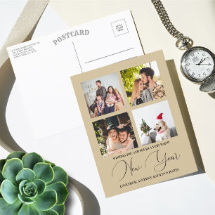 Modern Minimalist Script 4 Photo Collage New Year Holiday Postcard