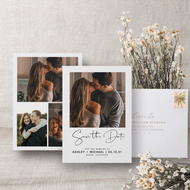 Modern Minimalist Script 4 Photo Engagement Save The Date (Save the Date!)