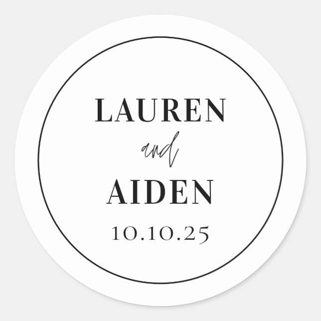 Modern Minimalist Script Black and white Classic Round Sticker (Front)