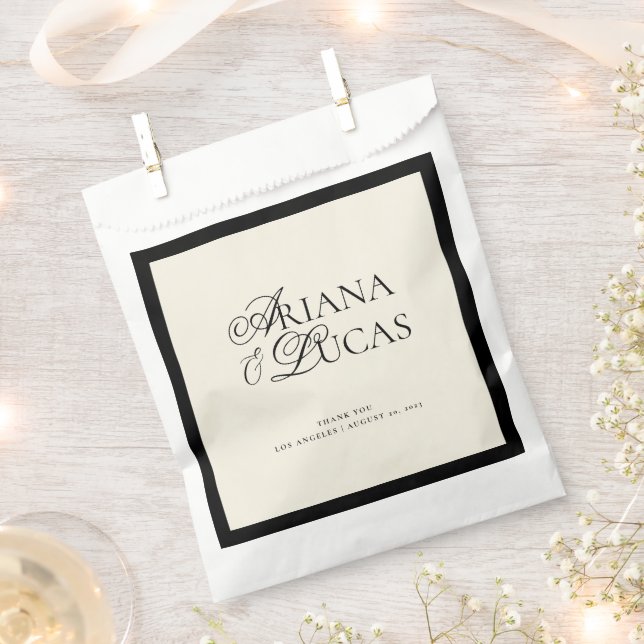 Modern Minimalist Script Black and White Wedding Favour Bags (Clipped)