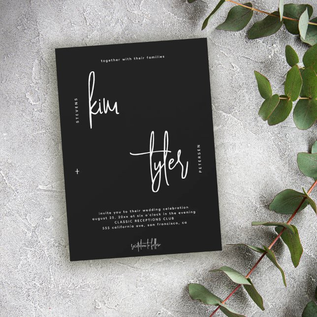 Modern minimalist script black and white wedding invitation (Creator Uploaded)