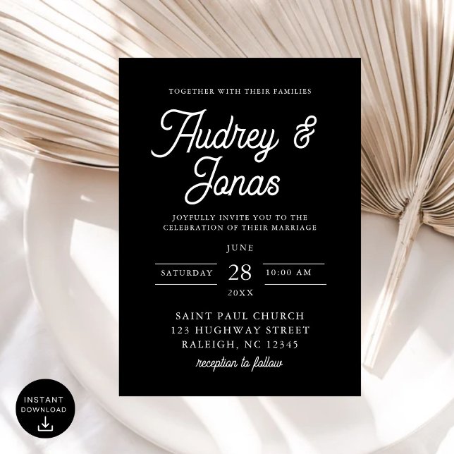Modern Minimalist Script Black and White Wedding Invitation (Creator Uploaded)