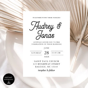 Modern Minimalist Script Black and White Wedding Invitation