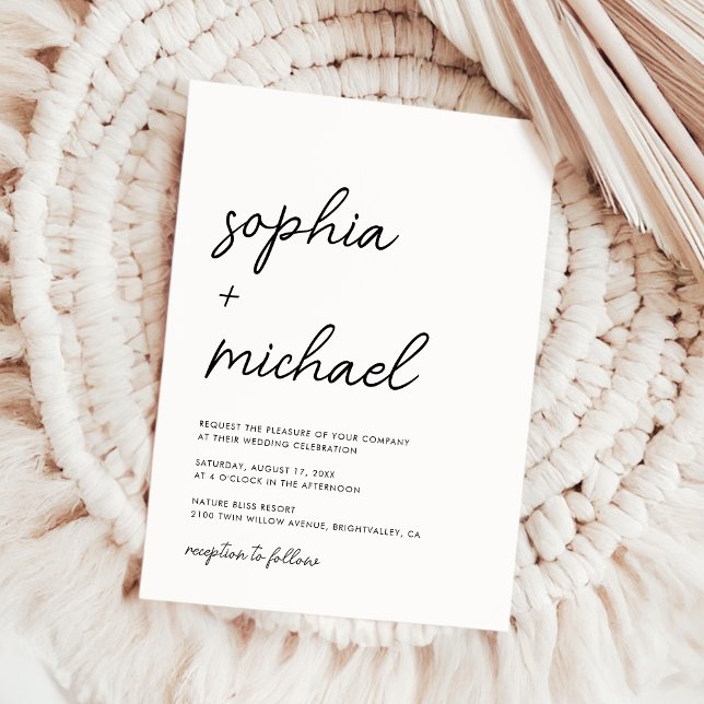 Modern Minimalist Script Black And White Wedding Invitation (Creator Uploaded)