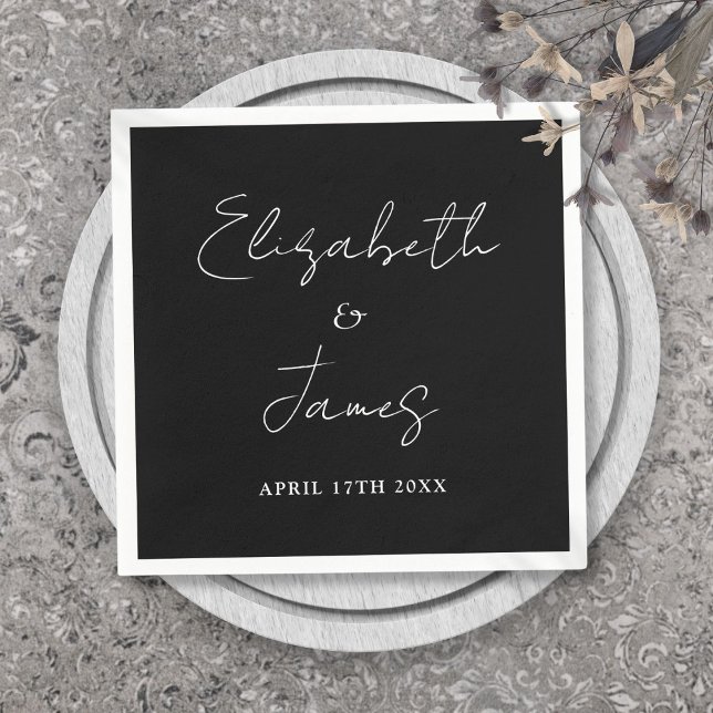 Modern Minimalist Script Black And White Wedding Napkin (Modern Minimalist Script Black And White Wedding Napkins)