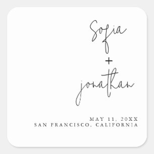 Modern Minimalist Script   Black and White Wedding Square Sticker