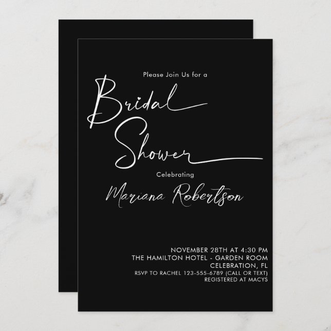 Modern Minimalist Script Black Bridal Shower Invit Invitation (Front/Back)