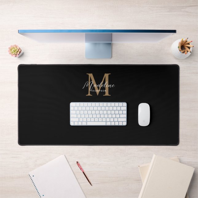 Modern Minimalist Script Black Gold Monogram Desk Mat (Office 1)