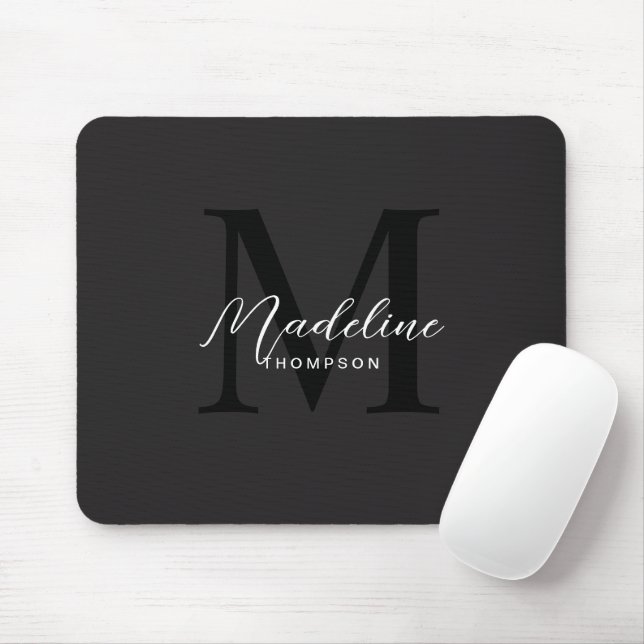Modern Minimalist Script Black Monogram Mouse Pad (With Mouse)