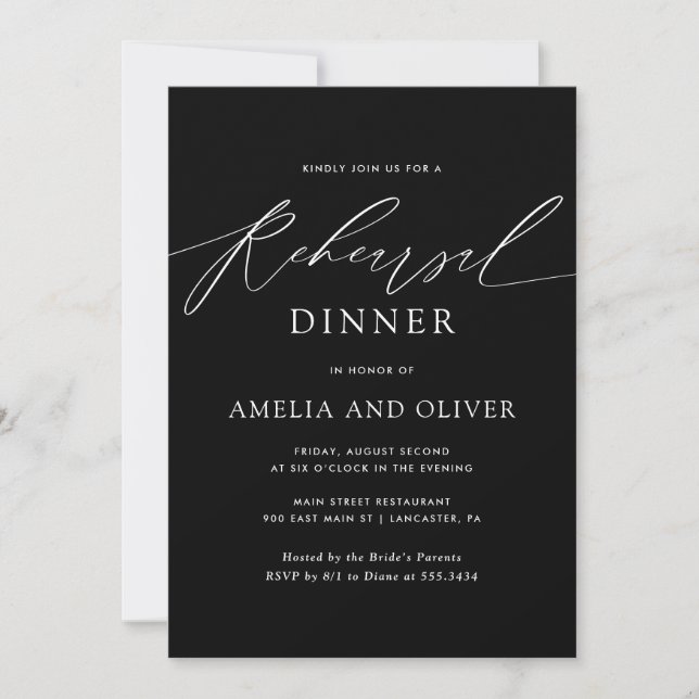 Modern Minimalist Script Black Rehearsal Dinner Invitation (Front)