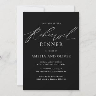 Modern Minimalist Script Black Rehearsal Dinner Invitation