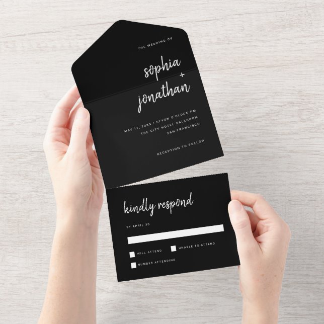 Modern Minimalist Script Black | Wedding All In One Invitation (Tearaway)