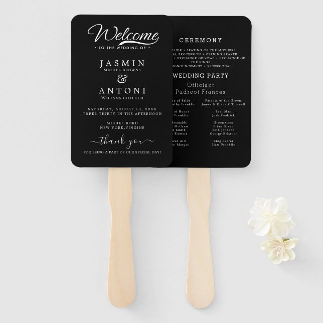 Modern Minimalist Script Black | Wedding Hand Fan (Front and Back)