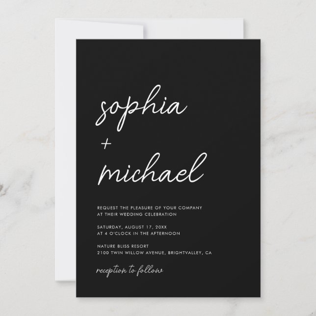 Modern Minimalist Script Black Wedding Invitation (Front)