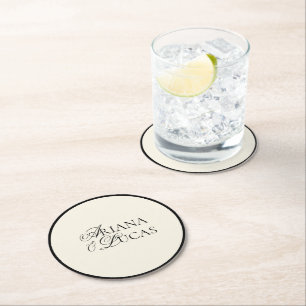 Modern Minimalist Script Black & White Wedding Round Paper Coaster