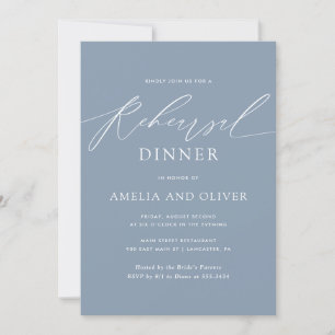 Modern Minimalist Script Blue Rehearsal Dinner Invitation