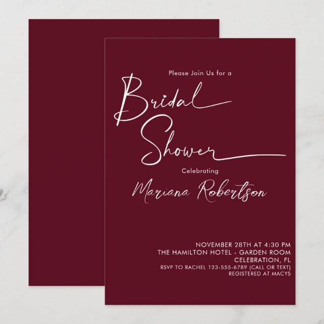 Modern Minimalist Script Burgundy Bridal Shower Invitation (Front/Back)
