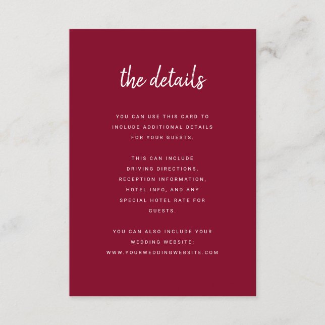 Modern Minimalist Script | Burgundy Guest Details Enclosure Card (Front)