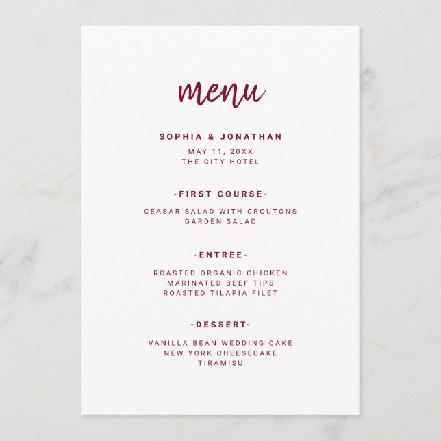 Modern Minimalist Script | Burgundy Wedding Menu (Front)