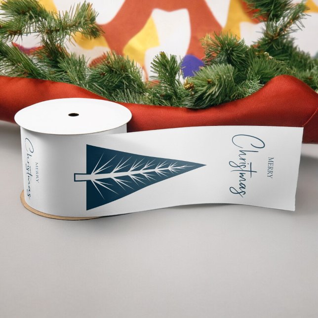 modern minimalist  script christmas tree satin ribbon (merry christmas blue tree gifting ribbon , make your gifts look amazing.)