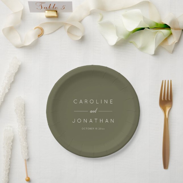 Modern Minimalist Script Custom Wedding Olive Moss Paper Plate (Wedding)