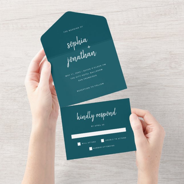Modern Minimalist Script Deep Teal | Wedding All In One Invitation (Tearaway)