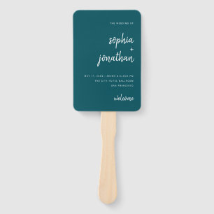 Modern Minimalist Script Deep Teal Wedding Hand Fan